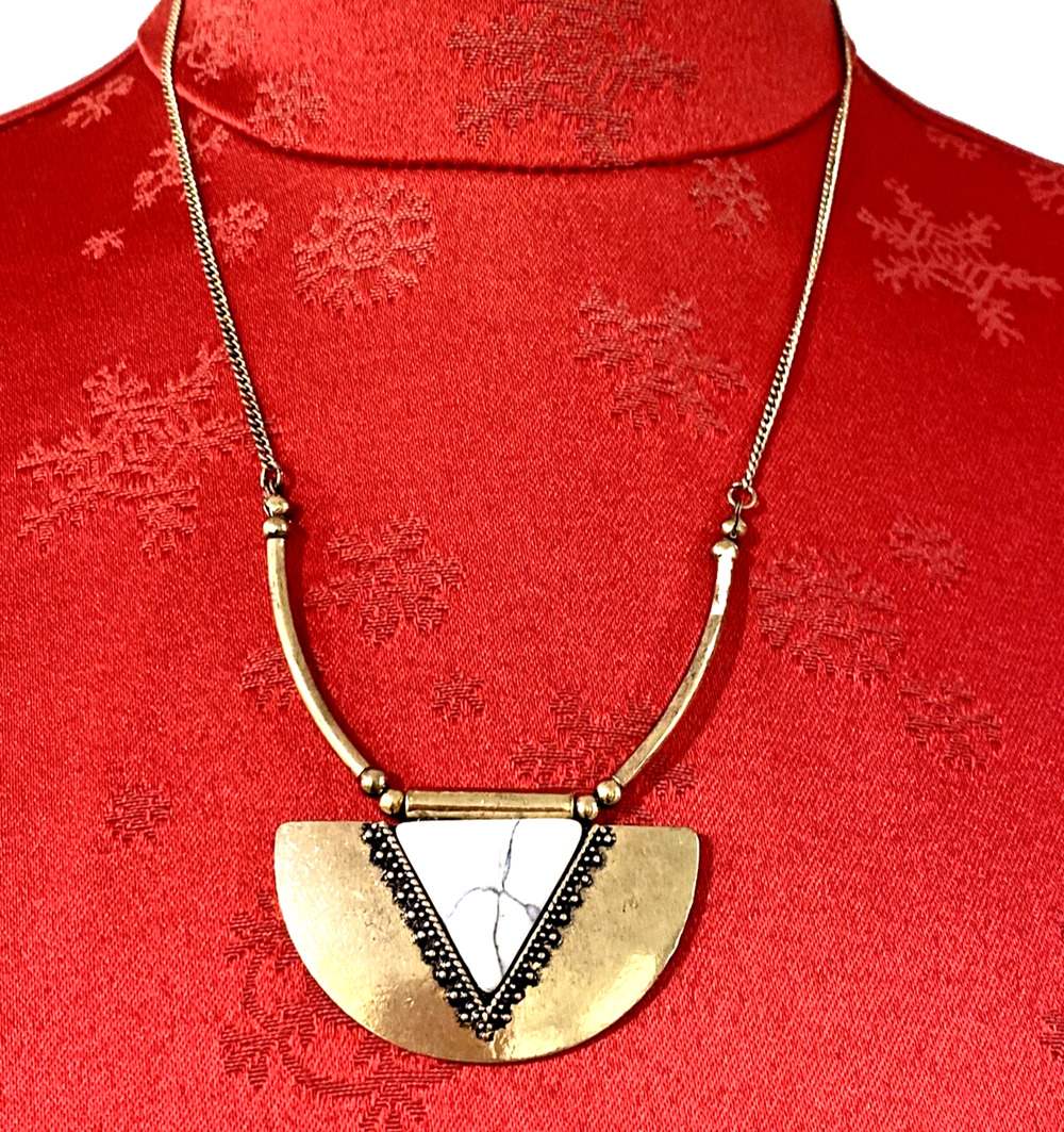 Modern Art To Wear Gold Bib Statement Necklace Faux Stone Pendant Semi Circle